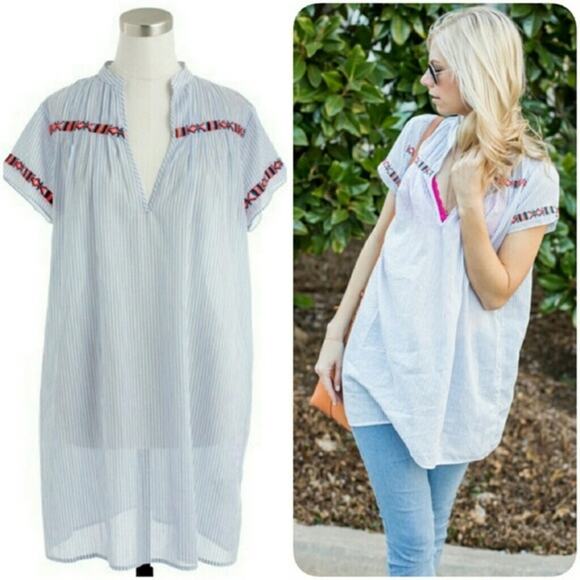New J Crew Medium M Blue White Striped Embroidered Tunic Top Short Sleeve VNeck - Picture 9 of 10
